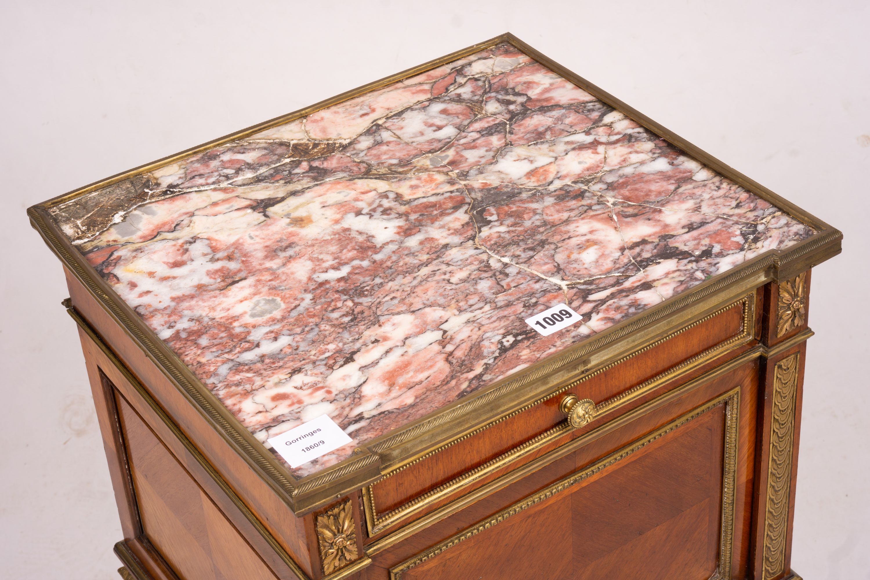 An early 20th century French marble top mahogany bedside cabinet, width 42cm, depth 38cm, height 75cm